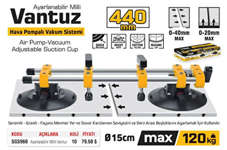 SGS960 - 120 KG İkili Ayarlanabilir Alüminyum Gövde Vantuz  15cm