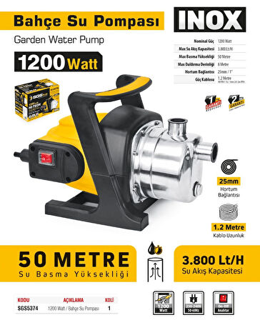 SGS5374 - 50 Metre Paslanmaz Bahçe Kuyu Su Pompası 1200 Watt