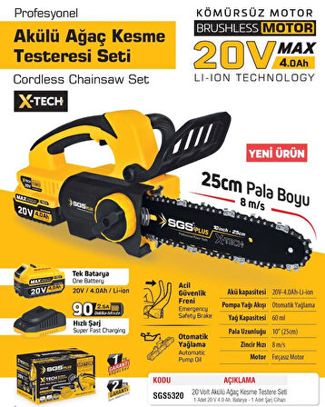 SGS5320 - 20 Volt Akülü Ağaç Kesme Budama Testere Makina Seti 25 cm Pala