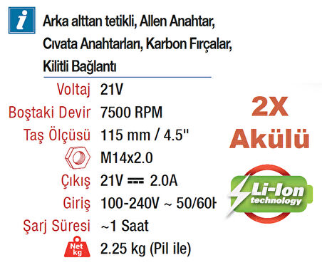 VIDO Profesyonel 115mm Akülü Kömürsüz Motor 21 Volt Lion  Avuç Taşlama Makinesi (WD040520210)