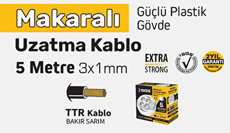 SGS2190 -  5 Metre Makaralı Uzatma Kablo 3 x 1 Bakır Sarım TTR Kablo