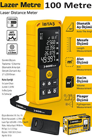 SGS5426 - 100 Metre Lazer Metre Mesafe Ölçer - Pisagor - Alan - Hacim - Mesafe - Otomatik Alçı Ölçümü