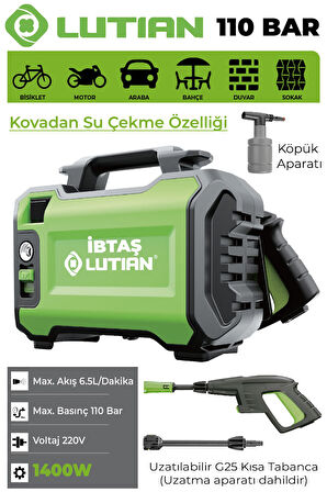 LUTİAN LT2161-1400 - 110 Bar Yüksek Basınçlı 220 Volt Oto Araba Yıkama Temizleme Tabancası Makinesi 1400 Watt