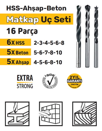 SGS1418 HSS Metal, Ahşap, Beton Matkap Uç Seti Takımı 16 Parça
