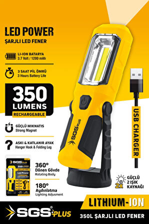 SGS5054 Şarjlı Mıknatıslı Ledli Fener Tamirci Aydınlatma Lambası 350 Lümen USB Şarjlı 4 Kademeli