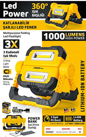 SGS5057 Şarjlı Led Çalışma Lambası + Power Bank Özellikli 1000 Lümen 3.7 Volt / 5000 mAh