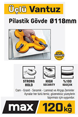 SGS946 - 120 Kg Üçlü Plastik Gövde Cam Seramik Fayans Ahşap Tutma Taşıma Vantuzu 12cm + 12cm + 12cm