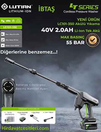 LUTIAN LC101-350 -  55 Bar Akülü Oto Araba Yıkama Makinesi - 40 Volt 2 Amper Tek Akülü