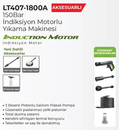LUTIAN (LT407G-1800A) 150 BAR Yüksek Basınçlı Araba Yıkama Makinesi 1800 Watt (Aksesuarlı)