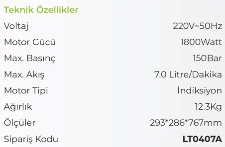 LUTIAN (LT407G-1800A) 150 BAR Yüksek Basınçlı Araba Yıkama Makinesi 1800 Watt (Aksesuarlı)