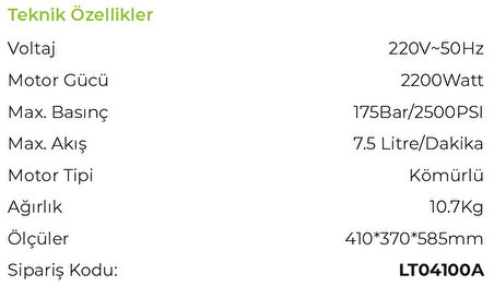LUTİAN LT701-2200A - 170 BAR Elektrikli Yüksek Basınçlı Oto Araba Yıkama Makinası Kömürlü Motor