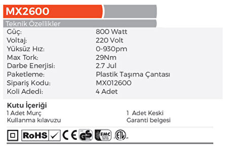 MAX EXTRA MX2601 Elektrikli SDS Plus Kırıcı Delici 790 Watt - 2.7 Jul