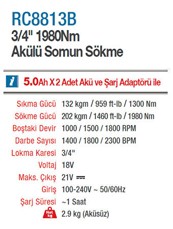 ROTAKE Akülü 3/4 - 1980Nm 20 Volt 5 Amper Kömürsüz Motor Darbeli Somun Sökme Sıkma Makinesi Tabancası (RC8813B )