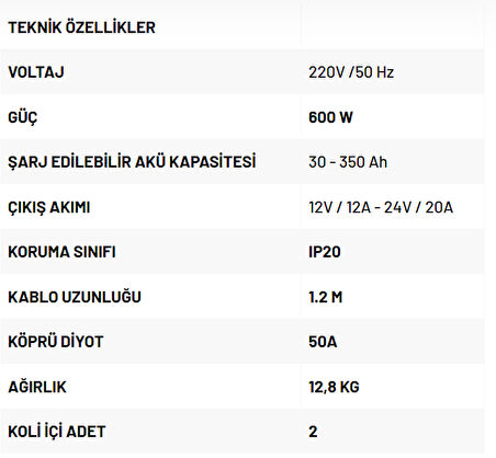 RODEX RDX508 - 12 ve 24 Volt Akü Şarj Cihazı 30-350 Amper