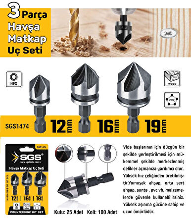 SGS1474 - Havşa Açma Matkap Ucu Seti 12mm - 16mm - 19mm