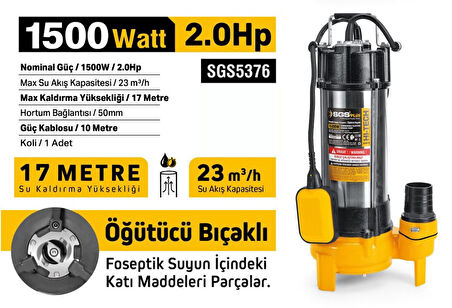 SGS5376 - 17 Metre 2 HP İnox Foseptik Dalgıç Pompa Parçalayıcı Öğütücü Bıçaklı 1500 Watt