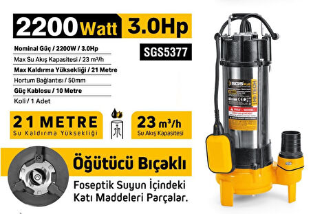 SGS5377 - 21 Metre 3 HP İnox Foseptik Dalgıç Pompa Parçalayıcı Öğütücü Bıçaklı 2200 Watt