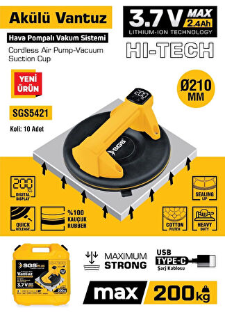 SGS5421 - 200 KG Akülü Vakumlu Seramik Ahşap Cam Taşıma Vantuzu 3.7 Volt 2.4 Amper