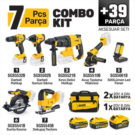SGS5452 - AKÜLÜ COMBO SET 7 PARÇA (Darbeli Matkap/Kırıcı-Delici Matkap/Darbeli Somun Sıkma/Avuç Taslama Makinesi/Sunta Kesme/Dekupaj Testere/Led Fener)