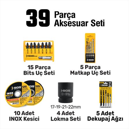 SGS5452 - AKÜLÜ COMBO SET 7 PARÇA (Darbeli Matkap/Kırıcı-Delici Matkap/Darbeli Somun Sıkma/Avuç Taslama Makinesi/Sunta Kesme/Dekupaj Testere/Led Fener)