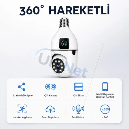 Uninet Çift Kameralı Ampul Tipi Wifi Güvenlik Kamerası 4MP Full HD Gece Görüşlü