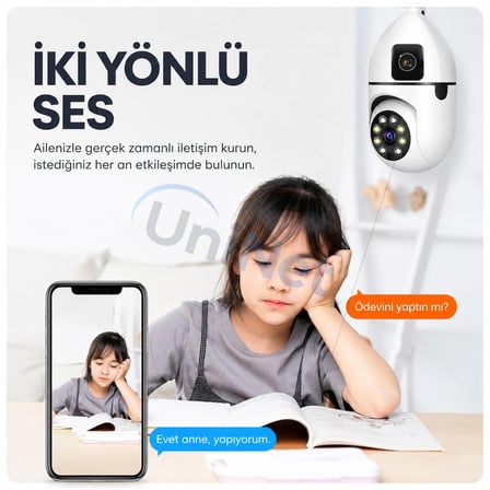 Uninet Çift Kameralı Ampul Tipi Wifi Güvenlik Kamerası 4MP Full HD Gece Görüşlü