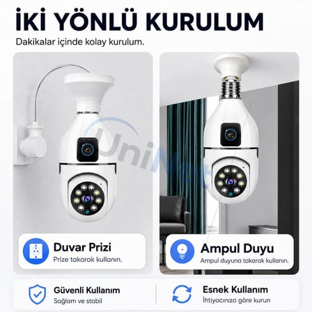 Uninet Çift Kameralı Ampul Tipi Wifi Güvenlik Kamerası 4MP Full HD Gece Görüşlü