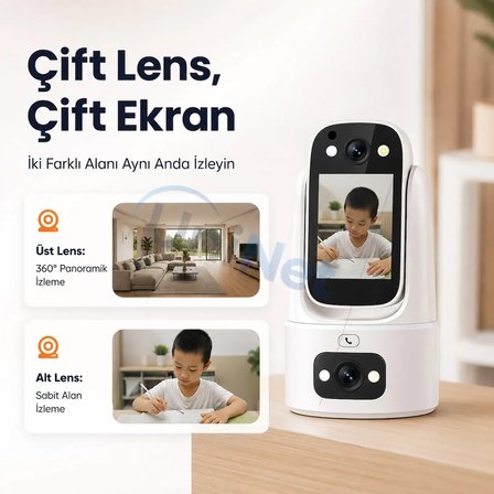 Uninet 5MP Çift Lensli WiFi İç Mekan Güvenlik Kamerası, PTZ Hareket Takibi ve Gece Görüşü