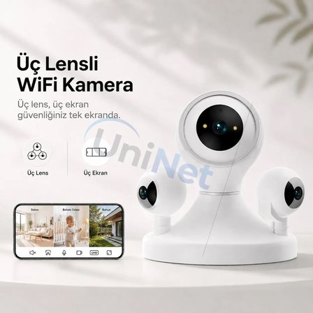 Uninet Üç Lensli WiFi PTZ Güvenlik Kamerası 6 MP Gece Görüşü Hareket Takibi