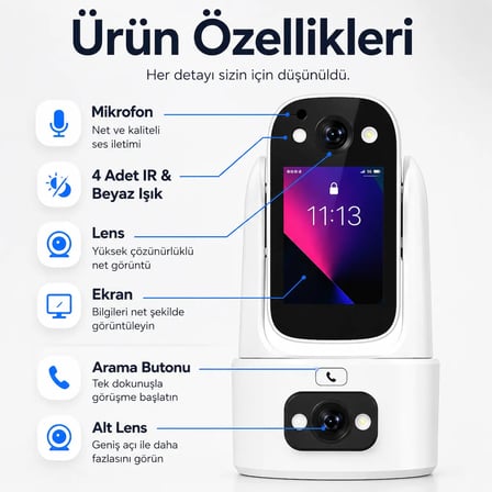 Uninet Çift Kameralı WiFi Güvenlik Kamerası 4MP PTZ Ekranlı Gece Görüşlü Akıllı İç Mekan Kamera
