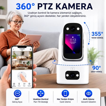Uninet Çift Kameralı WiFi Güvenlik Kamerası 4MP PTZ Ekranlı Gece Görüşlü Akıllı İç Mekan Kamera