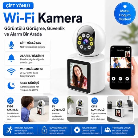 Uninet 3MP Ekranlı WiFi Güvenlik Kamerası Çift Yönlü Ses Hareket Takibi 355 Derece Dönebilen