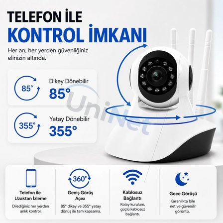 Uninet YS-03 Güvenlik Kamerası 1080p Full HD Wi-Fi 360 Derece Gece Görüşlü Beyaz