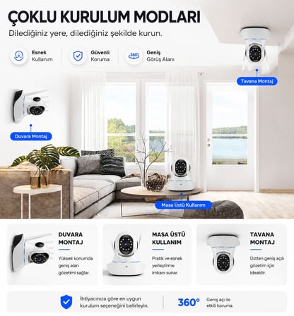 Uninet YS-05 Güvenlik Kamerası 1080P WiFi 360 Derece Gece Görüşlü Çift Yönlü Ses Beyaz
