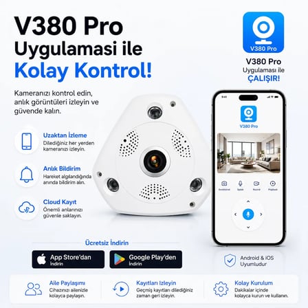 Uninet VR-V380 360 Derece Panoramik Balıkgözü IP Güvenlik Kamerası 1080P WiFi Gece Görüşlü