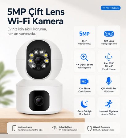 Uninet YS-15 Double Cam Güvenlik Kamerası 5MP Çift Lensli WiFi PTZ Hareket Algılama Gece Görüşü