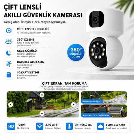 Uninet YS-15 Double Cam Güvenlik Kamerası 5MP Çift Lensli WiFi PTZ Hareket Algılama Gece Görüşü