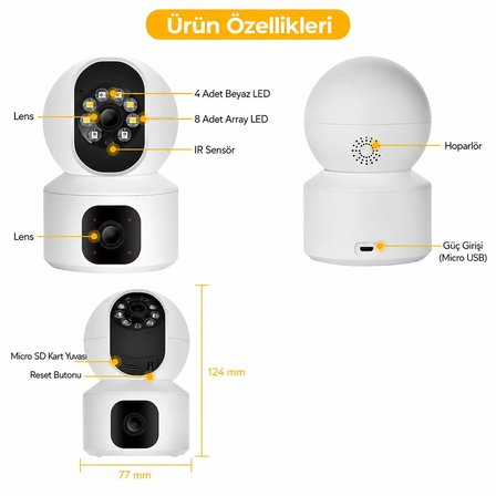 Uninet YS-15 Double Cam Güvenlik Kamerası 5MP Çift Lensli WiFi PTZ Hareket Algılama Gece Görüşü