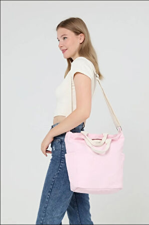 İCONE BAG Pembe Renk Kadın Çantası, Yanları Cepli Kanvas Bez Çanta, Ayarlanabilir Kolon Askılı Ve Fermuarlı