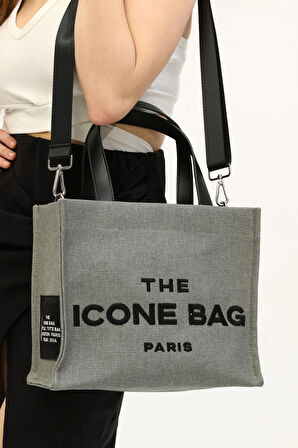 İCONE BAG Icone Gri The Icone Bag Paris İşlemeli Tote Kadın Kol Çantası ve Omuz Çantası Orta Boy