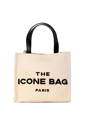 İCONE BAG Icone Krem The Icone Bag Paris İşlemeli Tote Kadın Kol Çantası ve Omuz Çantası Orta Boy