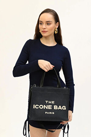 İCONE BAG Icone Lacivert The Icone Bag Paris İşlemeli Tote Kadın Kol Çantası ve Omuz Çantası Orta Boy