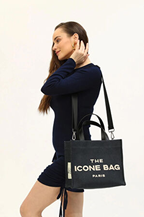 İCONE BAG Icone Lacivert The Icone Bag Paris İşlemeli Tote Kadın Kol Çantası ve Omuz Çantası Orta Boy