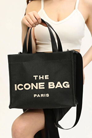 İCONE BAG Icone Siyah The Icone Bag Paris İşlemeli Tote Kadın Kol Çantası ve Omuz Çantası Orta Boy