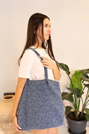 Desenli Yıkamalı Denim Kadın Çantası, Geniş Hacimli, Desenli El ve Omuz Bez Çanta Shopper
