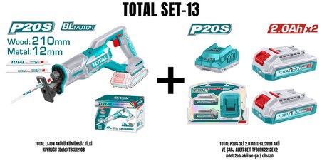 Total Set-13 (TOTAL LI-ION AKÜLÜ KÖMÜRSÜZ TİLKİ KUYRUĞU (Solo) TRSLI2108+TOTAL P20S 2Lİ 2.0 Ah TFBLI2001 AKÜ VE ŞARJ ALETİ SETİ TFBCPK2212E)