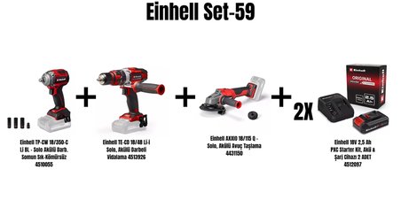 Einhell Set-59(Einhell TP-CW 18/350-C Li BL Akülü Darb. Somun Sık-Kömürsüz+Einhell TE-CD 18/48 Li-i Akülü Darbeli Vidalama+Einhell AXXIO 18/115 Q Akülü Avuç Taşlama+2xEinhell 18V 2,5 Ah PXC Starter Kit, Akü & Şarj Cihazı)