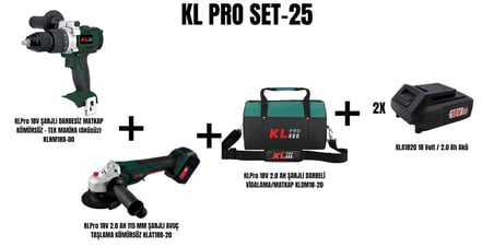 KLPro Set-25 (KLPro 18V ŞARJLI DARBESİZ MATKAP KÖMÜRSÜZ+18V 2.0 AH 115 MM ŞARJLI AVUÇ TAŞLAMA KÖMÜRSÜZ+BÜYÜK BOY TAŞIMA ÇANTASI)