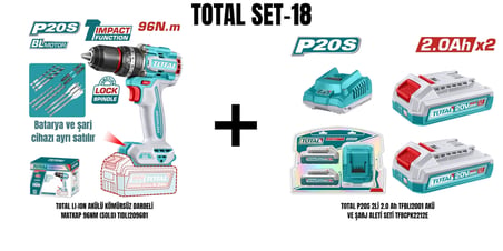 Total Set-18 (TOTAL LI-ION AKÜLÜ KÖMÜRSÜZ DARBELİ MATKAP 96NM+2Lİ 2.0 Ah AKÜ VE ŞARJ ALETİ SETİ)