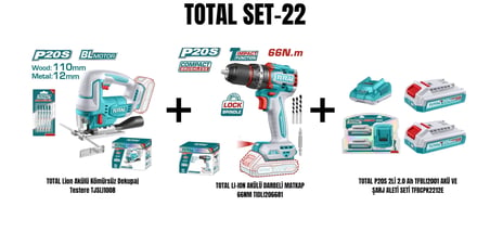 Total Set-22 (TOTAL Lion Akülü Kömürsüz Dekupaj Testere+AKÜLÜ DARBELİ MATKAP 66NM+2Lİ 2.0 Ah AKÜ VE ŞARJ ALETİ SETİ)